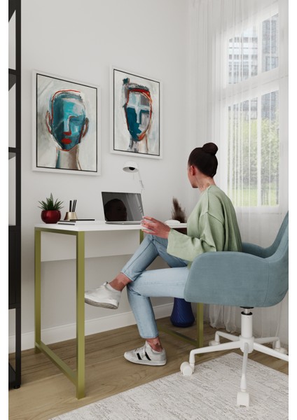 Selin Metal Ayaklı Çalışma Masası – Beyaz Suntalam, Altın Metal Ayak, Modern Ofis & Ev Masası fiyatları