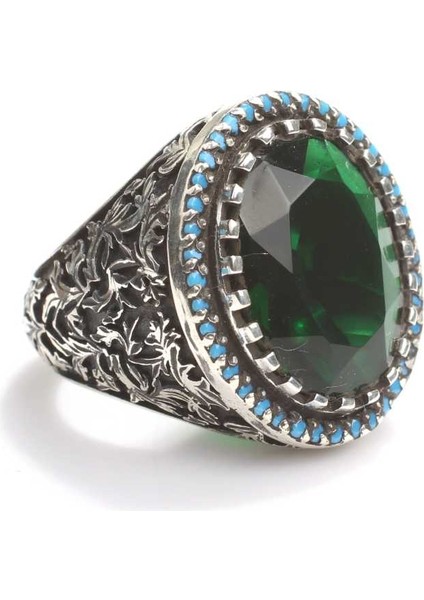 925 Ayar Gümüş Zümrüt Taşlı Oval Erkek Yüzük