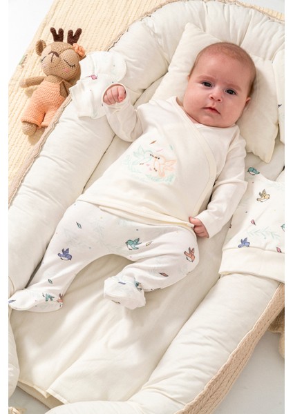 %100 Organik Pamuk Nakış Baskı Kuş Desen 5 Parça Bebek Hastane Çıkış Seti