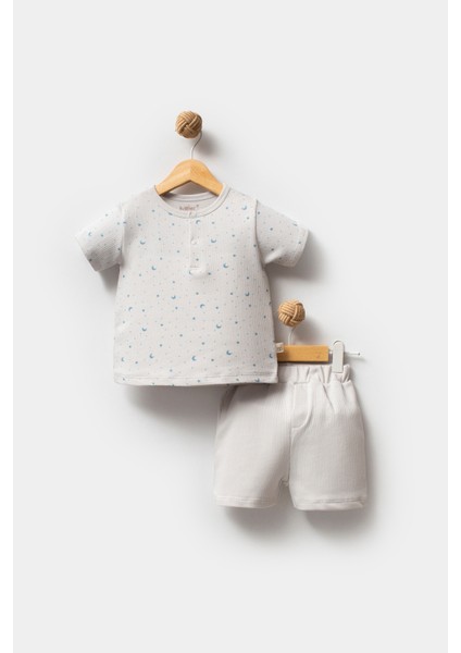 %100 Organik Pamuk Eoke Tex Sertifikalı Ay Yıldız Baskı Erkek Bebek Şortlu 2'li Takım