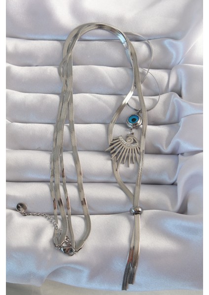 316L Çelik Gümüş Renk Zirkon Taşlı Göz Detay Nazarlı Uzun Asansör Model Kolye fiyatları