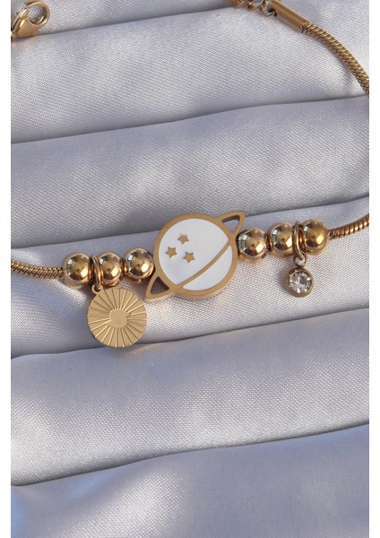 316L Çelik Gold Renk Zirkon Taşlı Mineli Satürn Tasarımlı Bileklik fiyatları