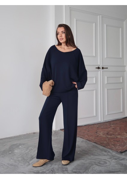 Lacivert Geniş Yaka Dikiş Detaylı Modal Bluz - Palazzo Pantolon Takım