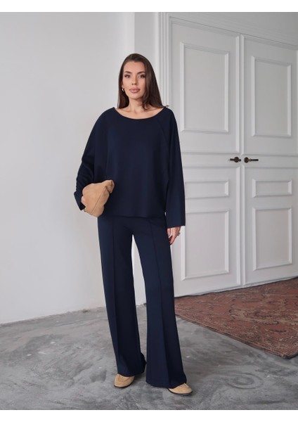 Lacivert Geniş Yaka Dikiş Detaylı Modal Bluz - Palazzo Pantolon Takım modelleri