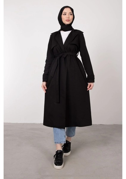 Ön Parçalı Kruvaze Yaka Kuşaklı Trençkot- Siyah