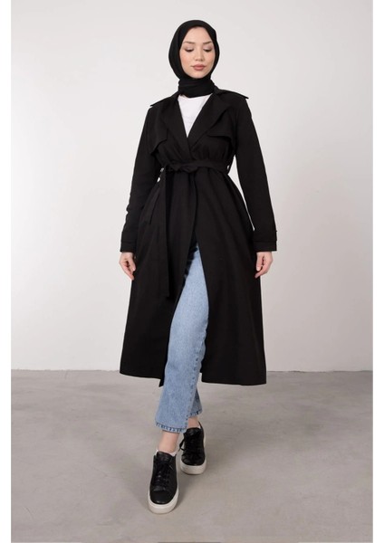 Ön Parçalı Kruvaze Yaka Kuşaklı Trençkot- Siyah fiyatları