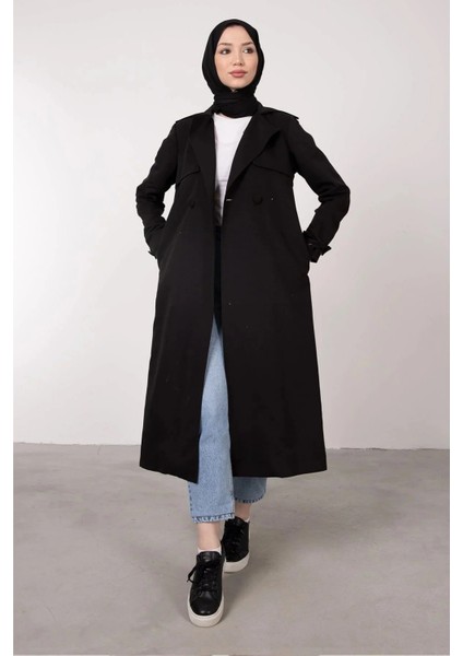 Ön Parçalı Kruvaze Yaka Kuşaklı Trençkot- Siyah modelleri