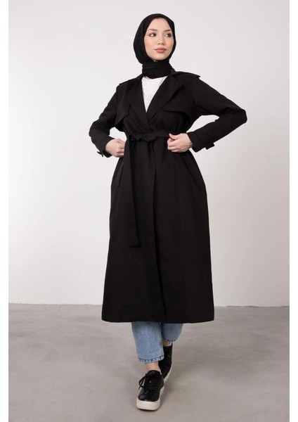 Ön Parçalı Kruvaze Yaka Kuşaklı Trençkot- Siyah fırsatları