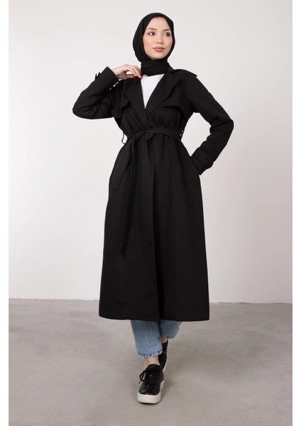 Ön Parçalı Kruvaze Yaka Kuşaklı Trençkot- Siyah indirimleri