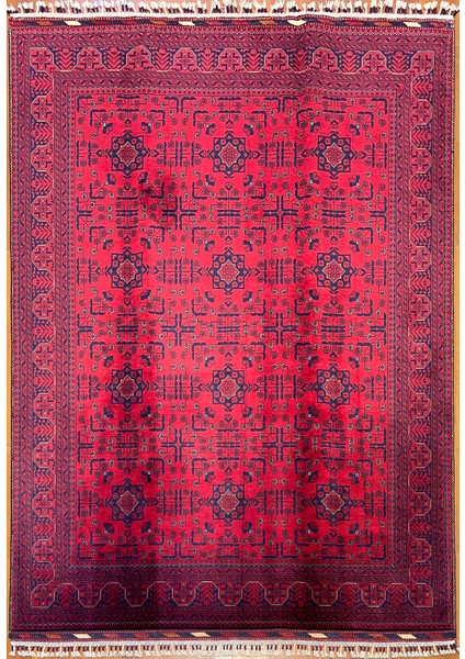 El Dokuma Afgan Halı Yıldız Desenli Ince Dokuma Bordo Renk 3 Metre Kare