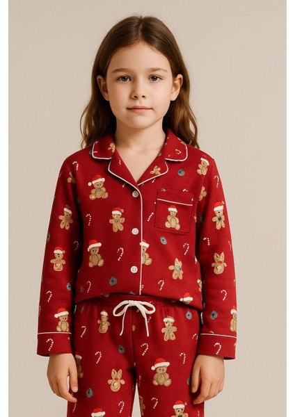 Kız Çocuk Teddy Desenli Yılbaşı Temalı Pijama Takımı Kırmızı indirimleri