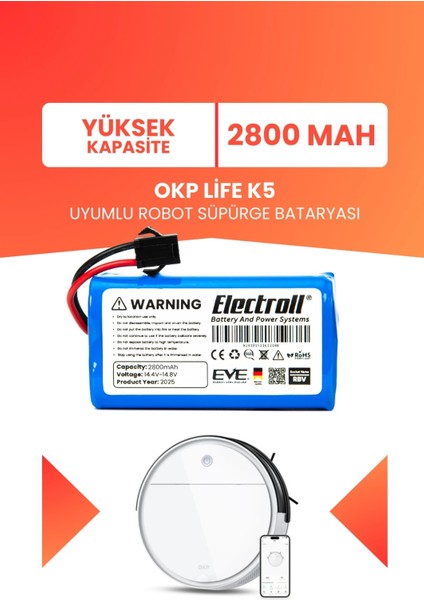 Okp Life K5 Uyumlu Batarya (Yüksek Kapasite) 2800MAH Pil Robot Süpürge Bataryası