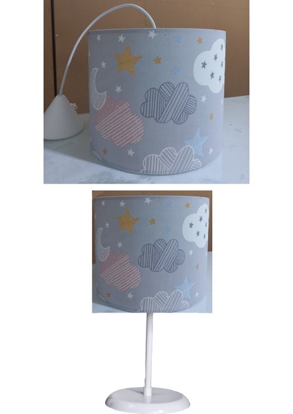 Gri Bulutlu 2.li Set M-813 Kumaş Kaplama Genç ve Çocuk Odası Avize ve Abajur Takımı