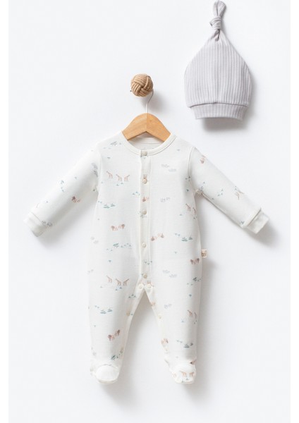 %100 Organik Pamuk Jungle Desen Bebek Önden Açmalı Patikli Tulum