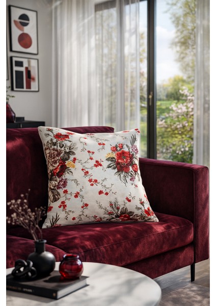 Duck Büyük Güllü Kırlent Kılıfı Bordo V1 40X40