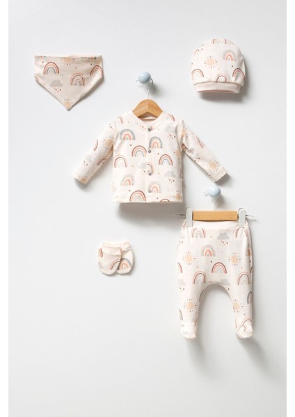 Unisex Bebek Gökkuşağı Desenli Natural 5li Hastane Çıkışı Zıbın Seti