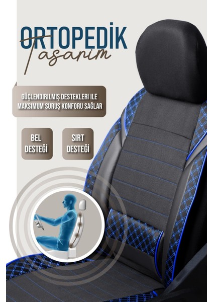 Seat Cordoba Uyumlu Lüx Bel Destekli Yarı Deri Oto Koltuk Kılıfı Mars Series Siyah Mavi Renk Aldys