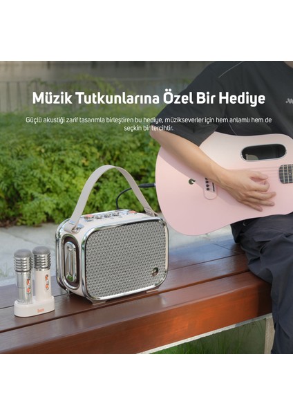 Songbird Ultra 100W Çift Mikrofonlu Karaoke Bluetooth Hoparlör, Taşınabilir Ses Bombası, 8 Saate Varan Çalma Süresi, Kablosuz, Tf/aux/usb/bluetooth5.2, Beyaz