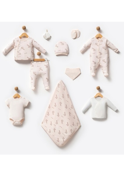 %100 0rganik Pamuk Zürafa Baskılı Kutulu 10 Parça Unisex Bebek Hastane Çıkış Seti