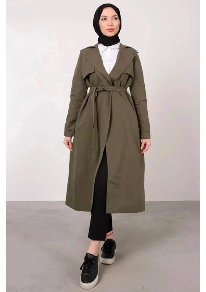 Ön Parçalı Kruvaze Yaka Kuşaklı Trençkot- Haki