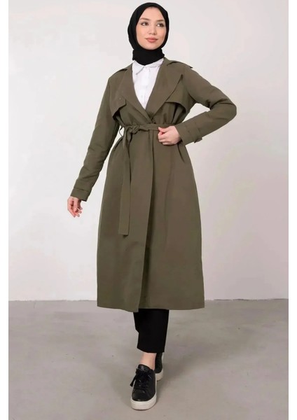 Ön Parçalı Kruvaze Yaka Kuşaklı Trençkot- Haki fiyatları