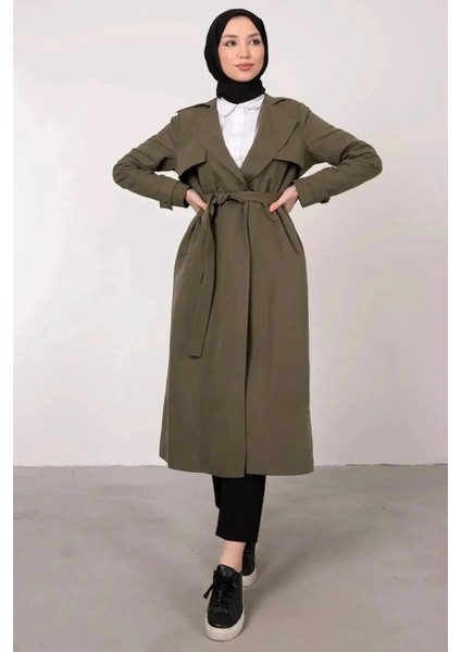 Ön Parçalı Kruvaze Yaka Kuşaklı Trençkot- Haki modelleri