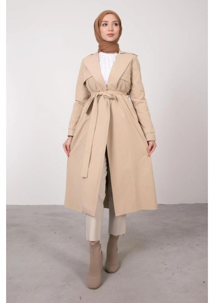 Ön Parçalı Kruvaze Yaka Kuşaklı Trençkot- Bej