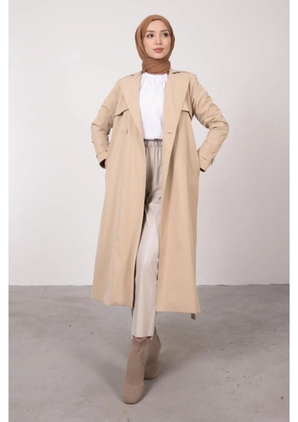 Ön Parçalı Kruvaze Yaka Kuşaklı Trençkot- Bej fiyatları