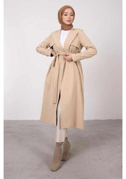 Ön Parçalı Kruvaze Yaka Kuşaklı Trençkot- Bej modelleri