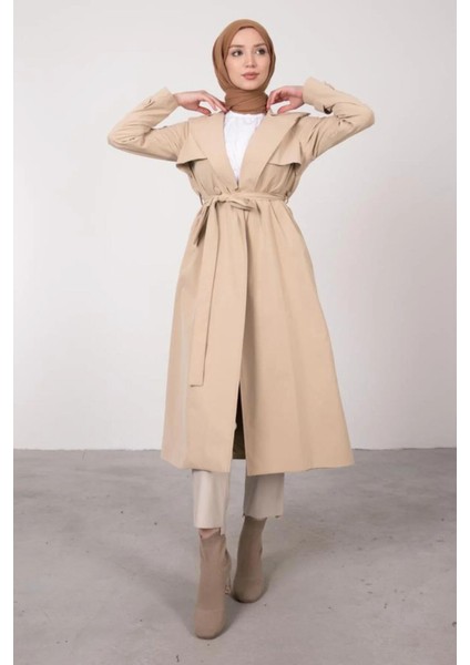 Ön Parçalı Kruvaze Yaka Kuşaklı Trençkot- Bej fırsatları