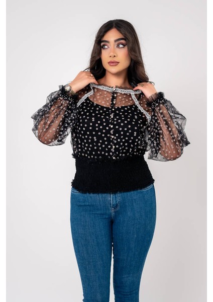 Papatya Nakışlı Bel Ve Kol Lastik Astarlı Bluz BLZ6034 indirimleri