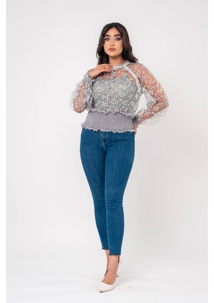 Papatya Nakışlı Bel Ve Kol Lastik Astarlı Bluz BLZ6034 indirimleri