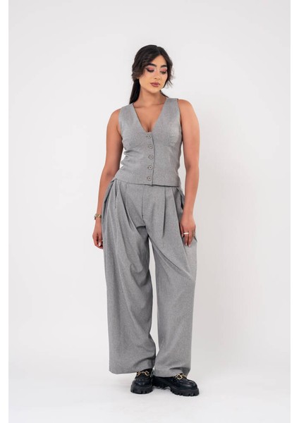 Düğmeli Pile Detaylı Palazzo Pantolon Yelek Takım TKM16009 indirimleri