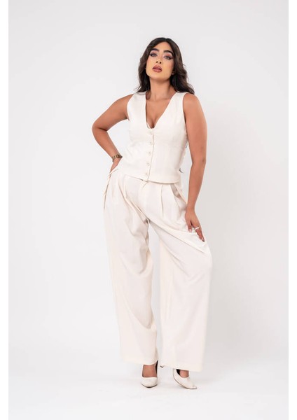 Düğmeli Pile Detaylı Palazzo Pantolon Yelek Takım TKM16009 indirimleri