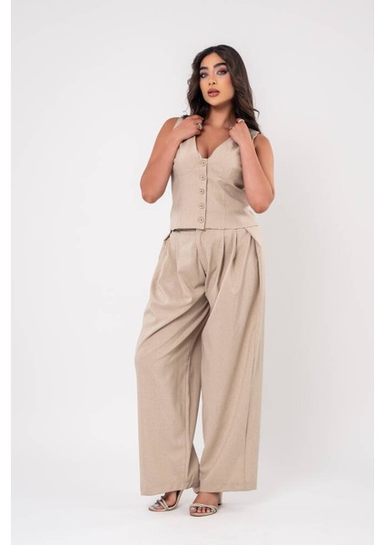 Düğmeli Pile Detaylı Palazzo Pantolon Yelek Takım TKM16009 indirimleri