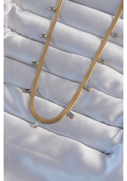 316L Çelik Gold Renk Baget Taşlı Italyan Zincir Kolye