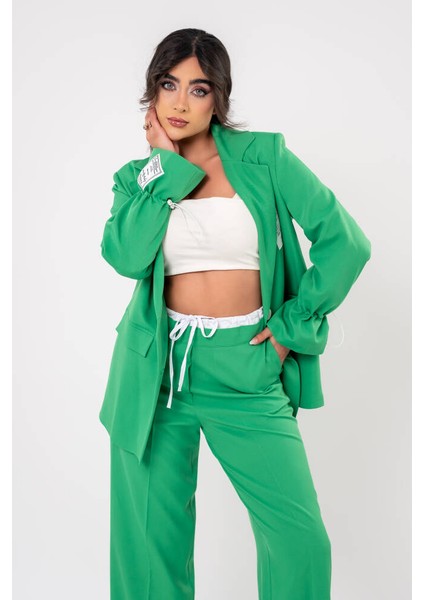 Etiket Baskılı Kol Detaylı Blazer Ceket Palazzo Pantolon Takım TKM16014 indirimleri