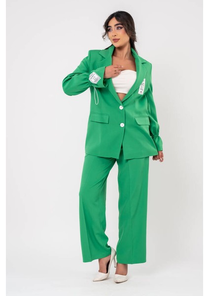 Etiket Baskılı Kol Detaylı Blazer Ceket Palazzo Pantolon Takım TKM16014