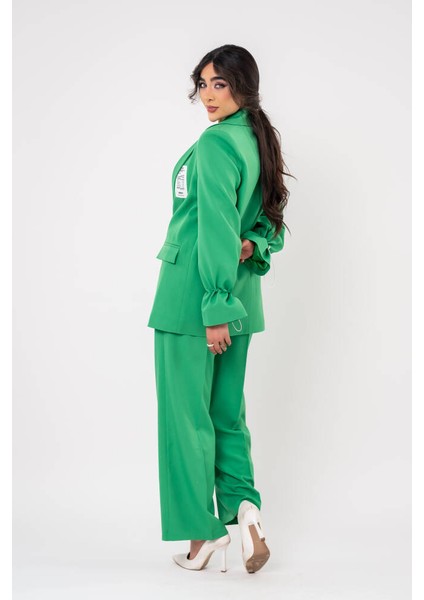 Etiket Baskılı Kol Detaylı Blazer Ceket Palazzo Pantolon Takım TKM16014