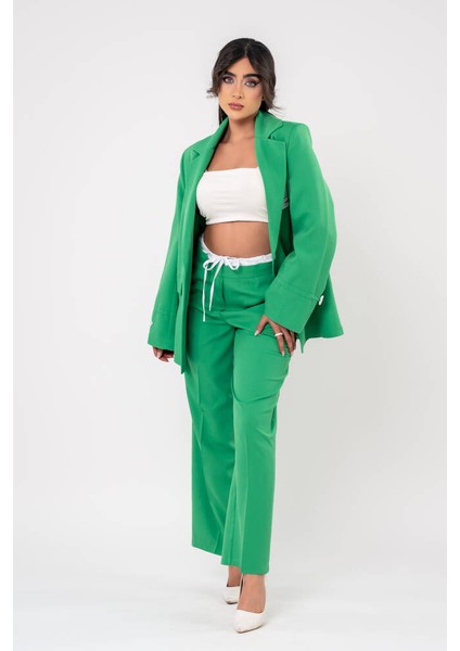 Etiket Baskılı Kol Detaylı Blazer Ceket Palazzo Pantolon Takım TKM16014