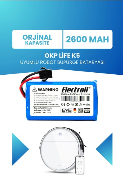 Okp Life K5 Uyumlu Batarya (Standart Kapasite) 2600MAH Robot Süpürge Bataryası