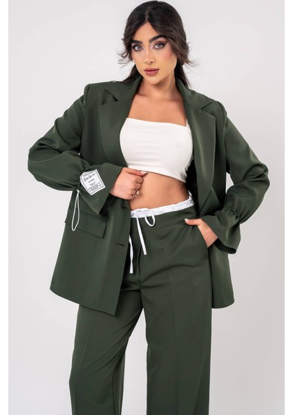 Etiket Baskılı Kol Detaylı Blazer Ceket Palazzo Pantolon Takım TKM16014 indirimleri