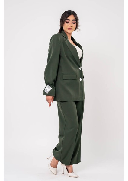 Etiket Baskılı Kol Detaylı Blazer Ceket Palazzo Pantolon Takım TKM16014