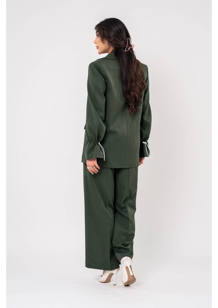 Etiket Baskılı Kol Detaylı Blazer Ceket Palazzo Pantolon Takım TKM16014