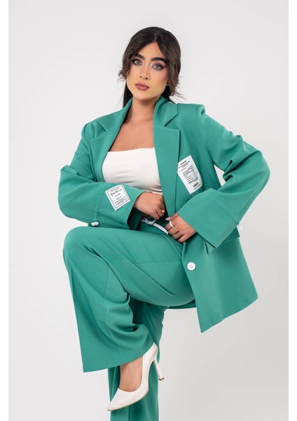 Etiket Baskılı Kol Detaylı Blazer Ceket Palazzo Pantolon Takım TKM16014 indirimleri