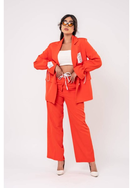 Etiket Baskılı Kol Detaylı Blazer Ceket Palazzo Pantolon Takım TKM16014 indirimleri