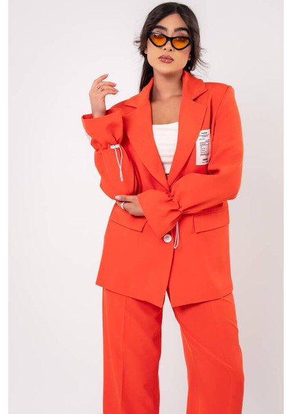 Etiket Baskılı Kol Detaylı Blazer Ceket Palazzo Pantolon Takım TKM16014