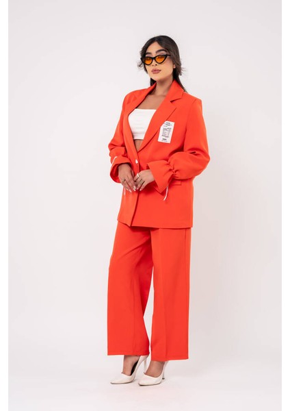 Etiket Baskılı Kol Detaylı Blazer Ceket Palazzo Pantolon Takım TKM16014