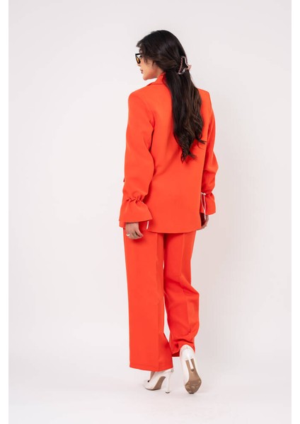 Etiket Baskılı Kol Detaylı Blazer Ceket Palazzo Pantolon Takım TKM16014