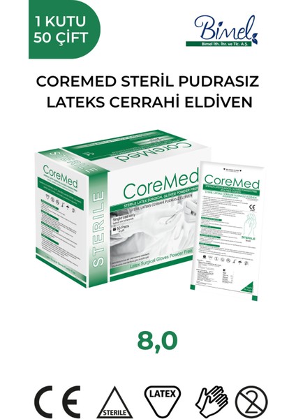 Steril Cerrahi Lateks Pudrasız Eldiven 8 Beden 50 Çift